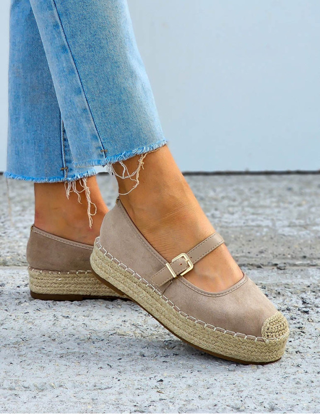 Beżowe Zamszowe Baleriny Połbuty z Paskiem Na Platformie