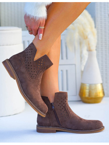 Czekoladowe Ażurowe Botki Ze Skóry Na Płaskim Spodzie