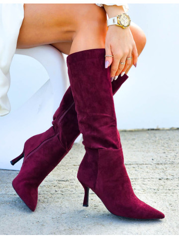 Bordowe Zamszowe Kozaki Na Szpilce Secret