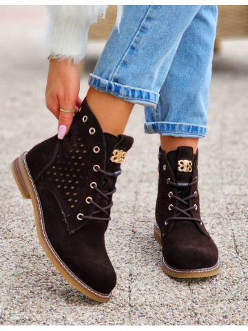 Czekoladowe Skórzane Botki Sznurowane Savas