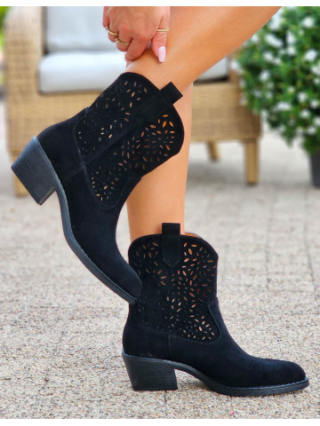 Czarne Ażurowe Botki Kowbojki Na Słupku South