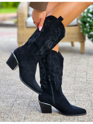 Czarne Zamszowe Botki Kowbojki Kozaki Diamonds