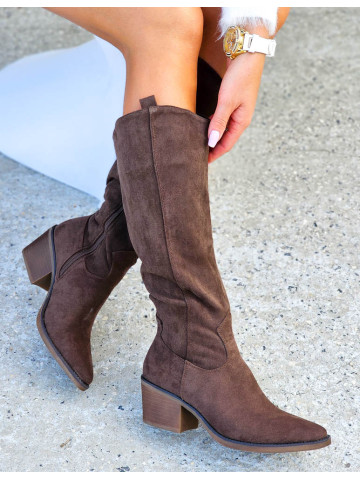 Czekoladowe Zamszowe Kozaki Kowbojki Daszyński Skóra