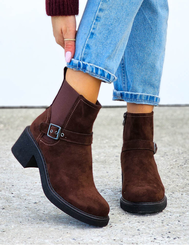 Czekoladowe Zamszowe Botki Na Słupku Timaris