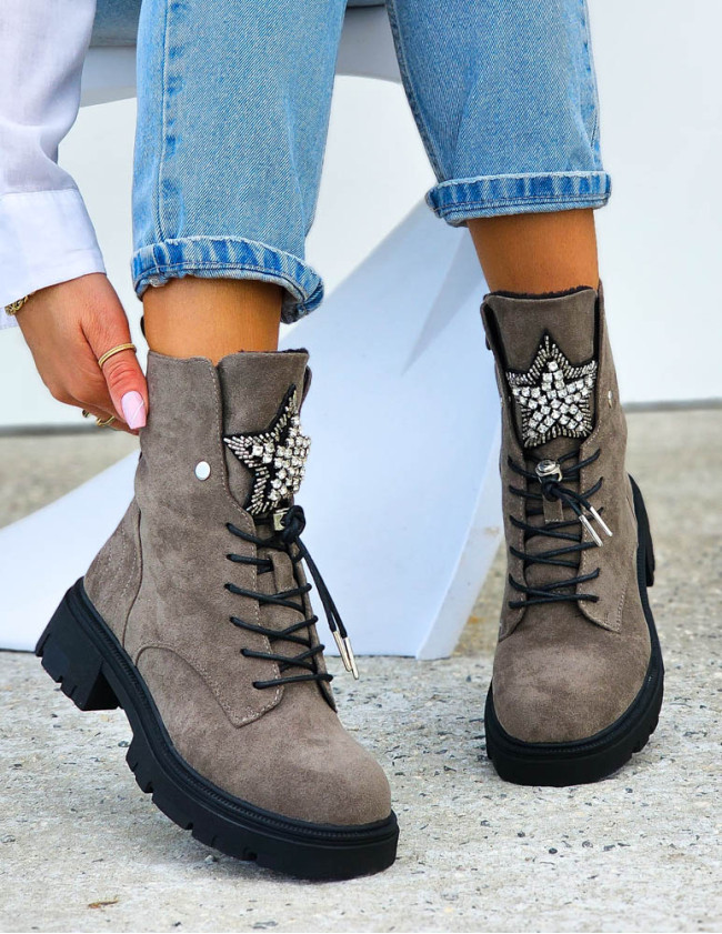 Oliwkowe Zamszowe Botki Damskie Sznurowane Prinss