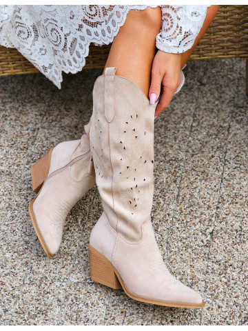 Beżowe Zamszowe Kozaki Kowbojki Ażurowe Hunter