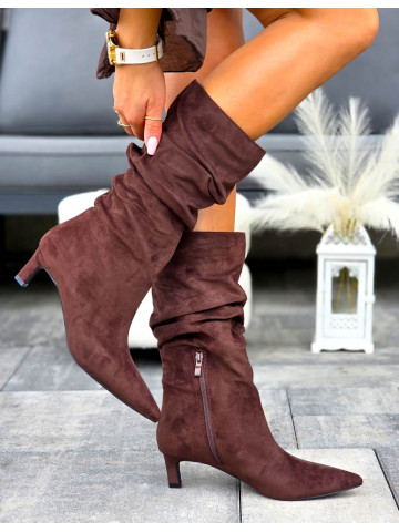 Czekoladowe Botki Kozaki Na Niskiej Szpilce Joliett