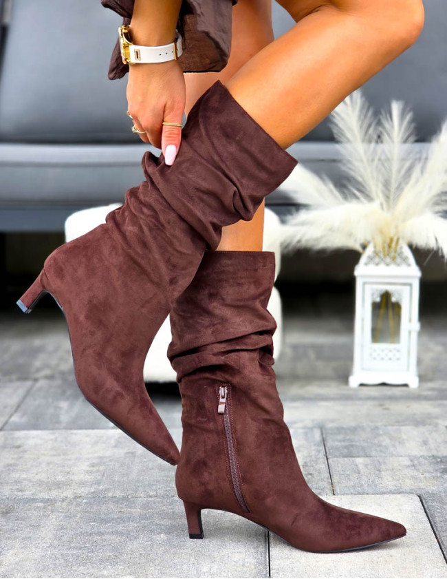 Czekoladowe Botki Kozaki Na Niskiej Szpilce Joliett