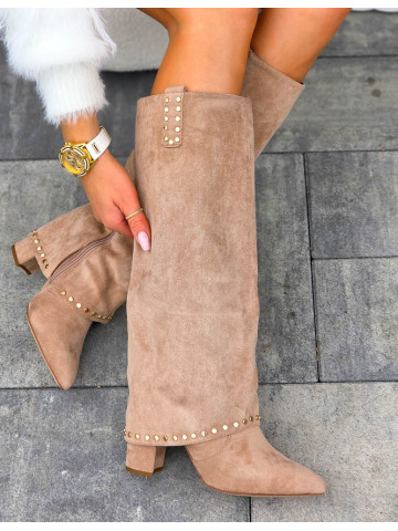 Beżowe Kozaki Na Słupku z Wywiniętą Cholewką SheWalk