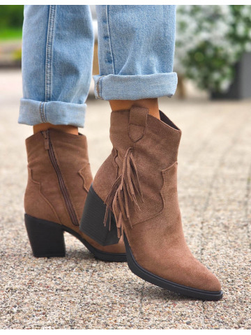 Brązowe Botki z Frędzlami Na Słupku Daszyński Skóra