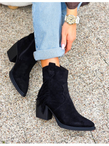 Czarne Botki z Frędzlami Na Słupku Daszyński Skóra