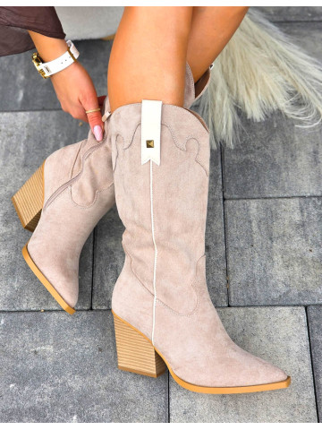 Beżowe Zamszowe Kozaki Kowbojki Glory