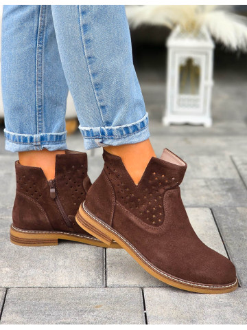 Czekoladowe Ażurowe Botki Na Płaskim Spodzie Skóra Naturalna