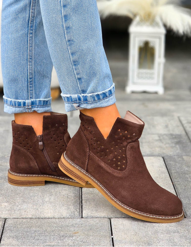 Czekoladowe Ażurowe Botki Na Płaskim Spodzie Skóra Naturalna