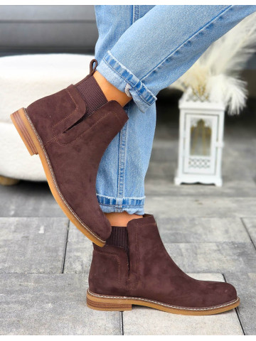 Czekoladowe Botki Na Płaskim Spodzie z Gumą