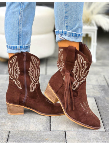 Czekoladowe Botki Kowbojki z Haftem Seek