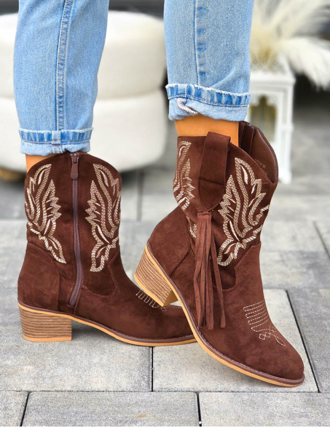 Czekoladowe Botki Kowbojki z Haftem Seek