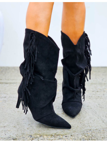 Czarne Zmszowe Botki Kozaki z Marszczoną Cholewką i Frędzlami