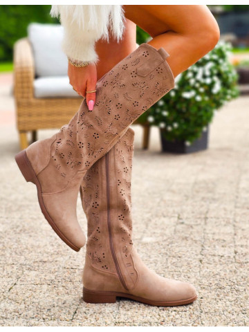 Jasno Brązowe Zamszowe Kozaki Ażurowe Hills