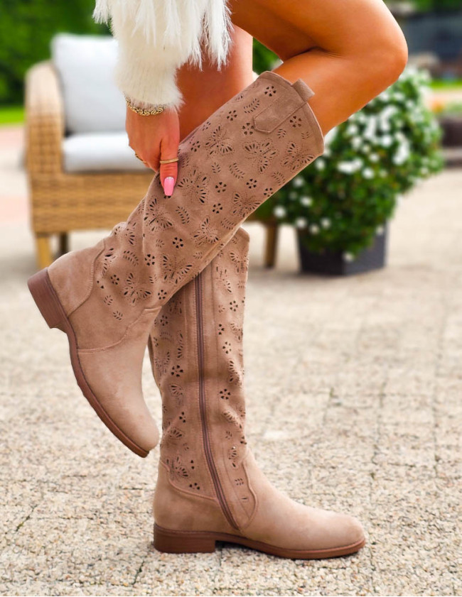 Jasno Brązowe Zamszowe Kozaki Ażurowe Hills