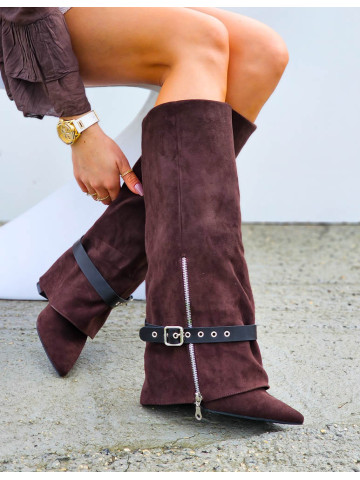 Czekoladowe Kozaki Na Słupku z Wywiniętą Cholewką Mex