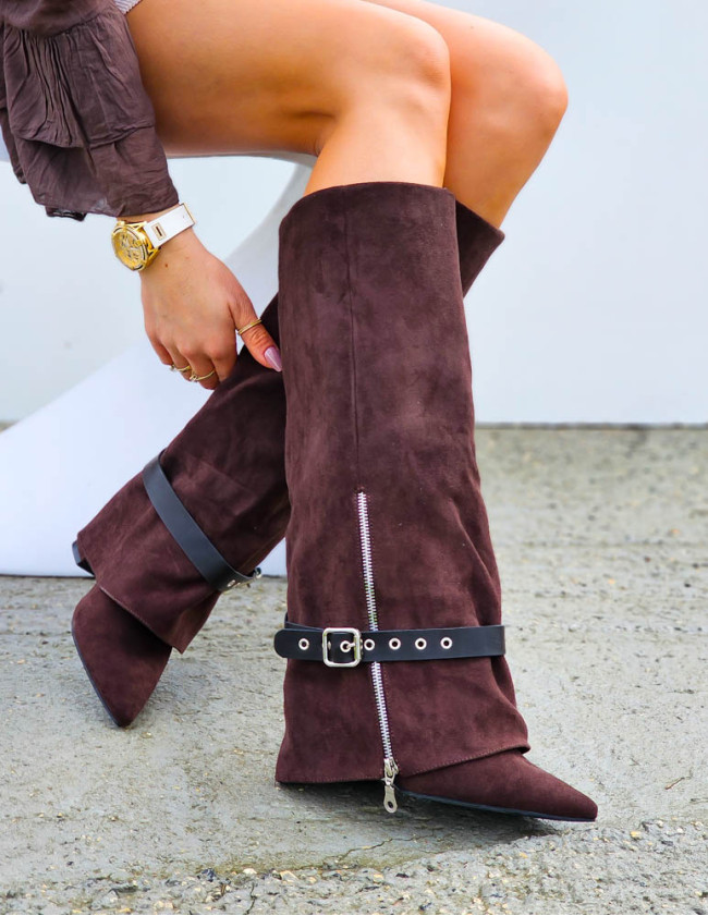 Czekoladowe Kozaki Na Słupku z Wywiniętą Cholewką Mex