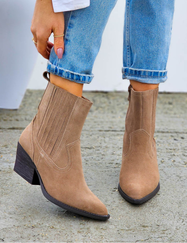 Beżowe Botki Kowbojki Ze Skóry Naturalnej Saves