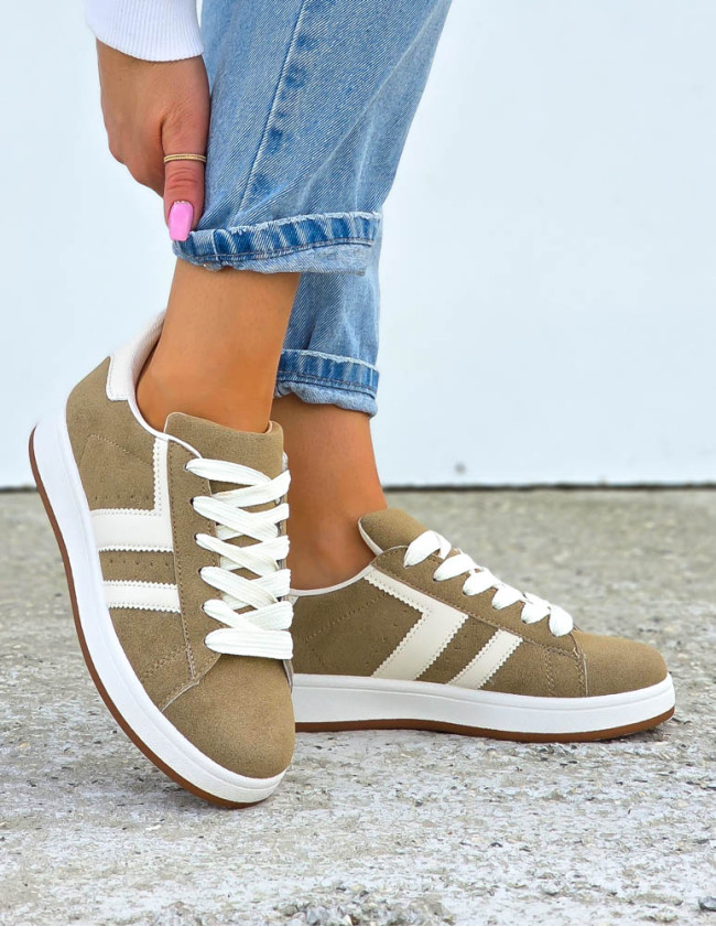 Beżowo-Białe Zamszowe Buty Sportowe Campes