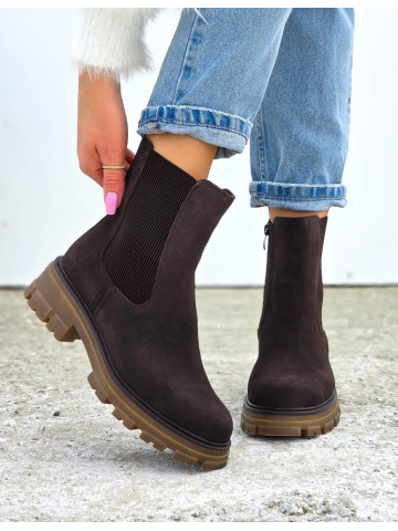 Czekoladowe Botki Sztyblety z Wstawką z Gumy Skóra Naturalna