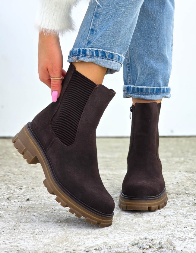 Czekoladowe Botki Sztyblety z Wstawką z Gumy Skóra Naturalna