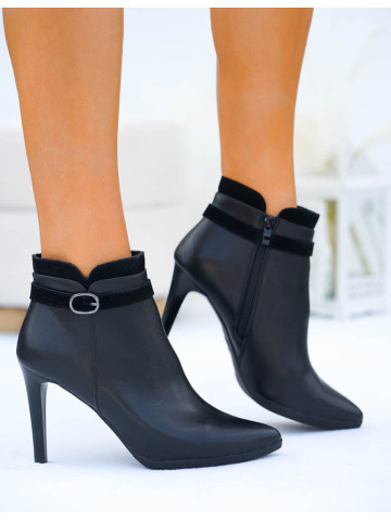 Czarne Krótkie Botki Na Szpilce Ze Skóry Naturalnej