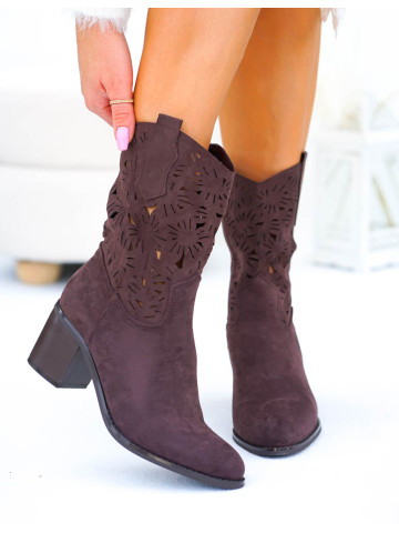 Czekoladowe Ażurowe Botki Na Słupku Skóra Naturalna