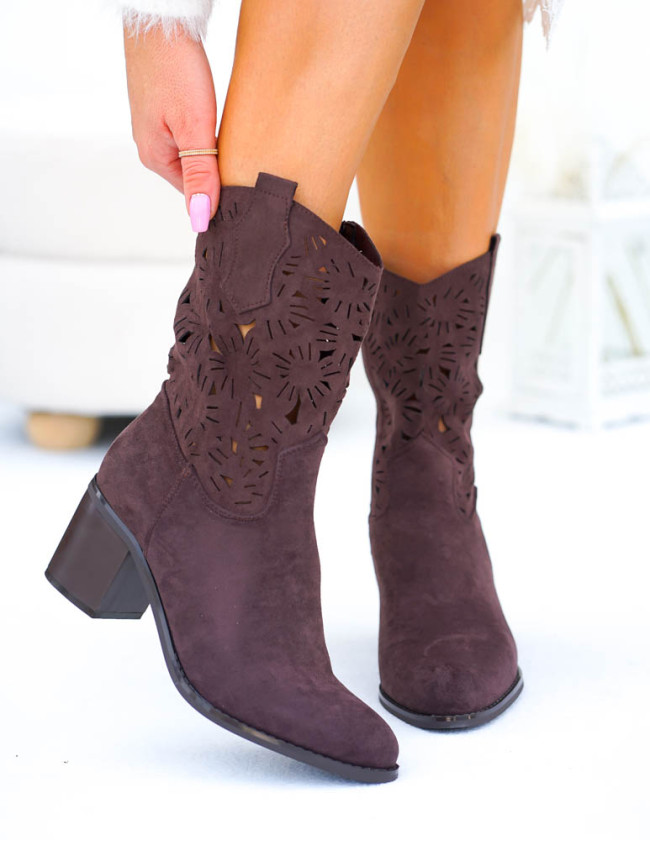 Czekoladowe Ażurowe Botki Na Słupku Skóra Naturalna