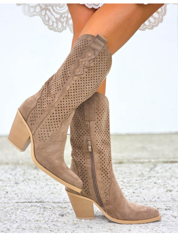 Ażurowe Brązowe Zamszowe Kozaki Kowbojki California
