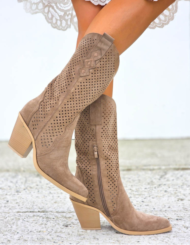 Ażurowe Brązowe Zamszowe Kozaki Kowbojki California