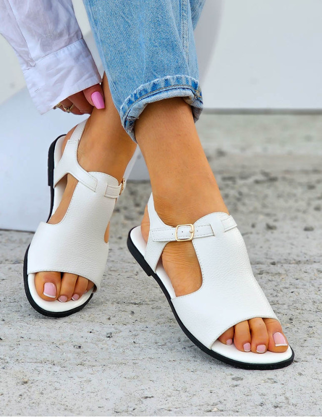 Klasyczne Białe Sandały Ze Skóry Na Płaskiej Podeszwie Molly