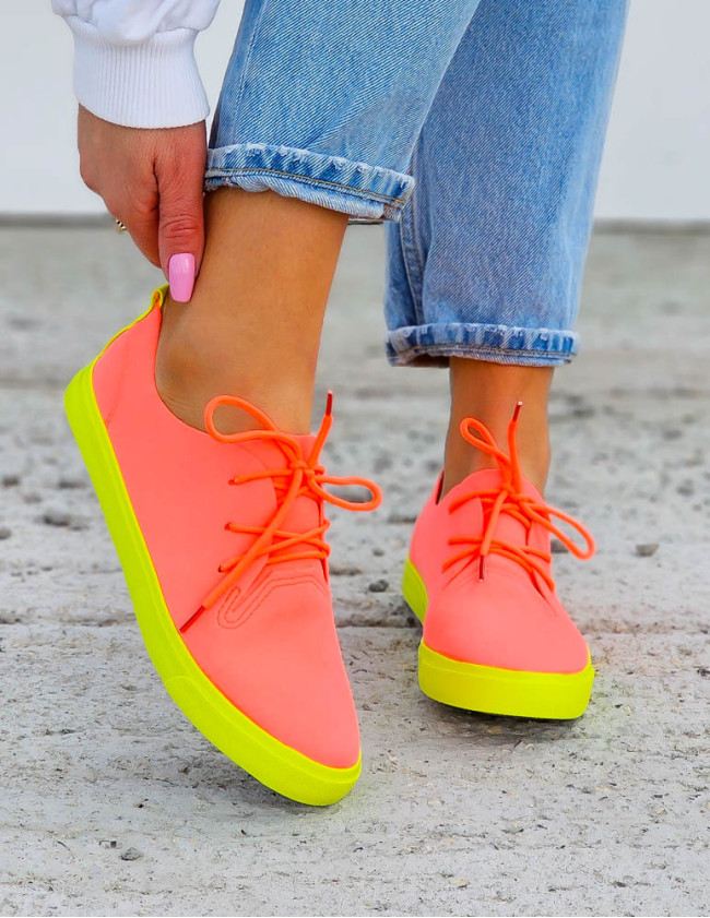 Pomarańczowe Neonowe Trampki Tenisówki Lycra Sznurowane