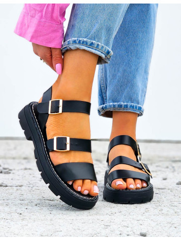 Czarne Sandały Na Grubej Podeszwie z Klamerkami
