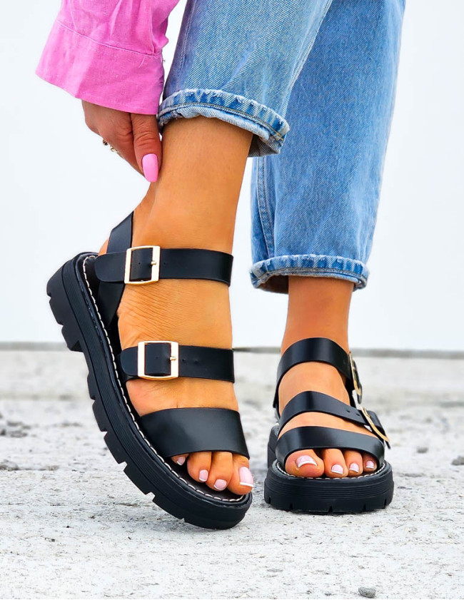 Czarne Sandały Na Grubej Podeszwie z Klamerkami