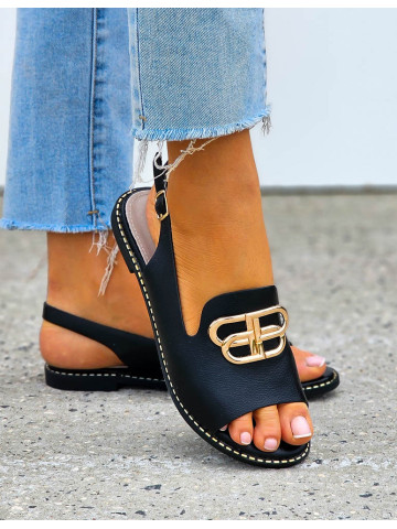 Eleganckie Sandały Damskie Ze Skóry Naturalnej Czarne Blueberry