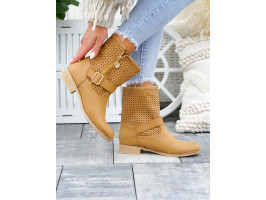 Ażurowe Botki Damskie Na Płaskim Spodzie Camel