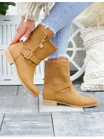 Ażurowe Botki Damskie Na Płaskim Spodzie Camel