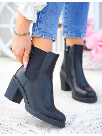 Skórzane Czarne Botki Damskie Na Obcasie Basic