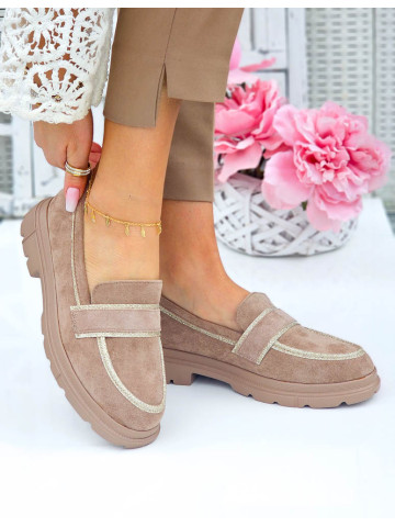 Beżowe Eleganckie Zamszowe Mokasyny Magic