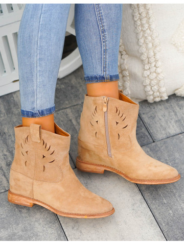 Zamszowe Ażurowe Botki Damskie Ukryty Koturn Khaki Zamszowe Ażurowe Botki Damskie Ukryty Koturn Khaki