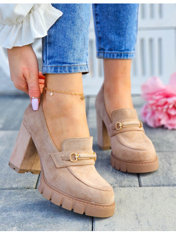 Beżowe Zamszowe Półbuty Mokasyny Na Słupku Bestelle