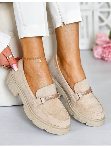 Beżowe Zamszowe Mokasyny Na Grubej Podeszwie Pretty