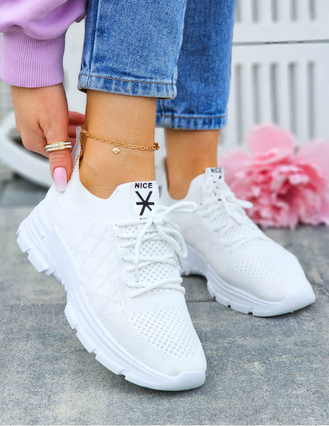 Białe Lekkie Buty Sportowe z Lycry Elastyczne Stripes
