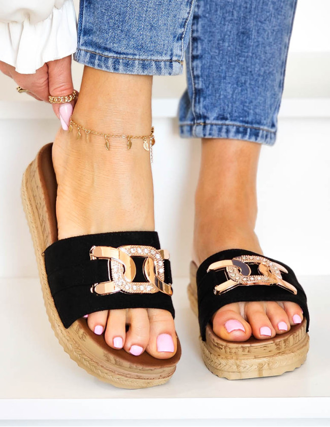 Czarne Klapki Na Platformie Sante