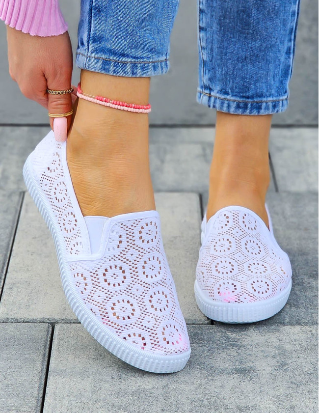 Białe Koronkowe Trampki Tenisówki z Gumką Na Lato